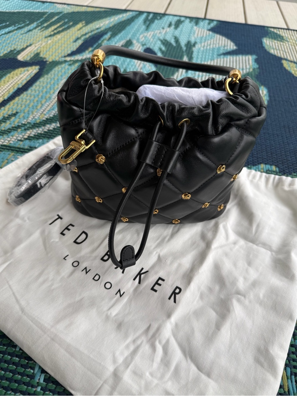 Ted Baker Black Quilted Drawstring Bucket Bag with Gold Stud Accents